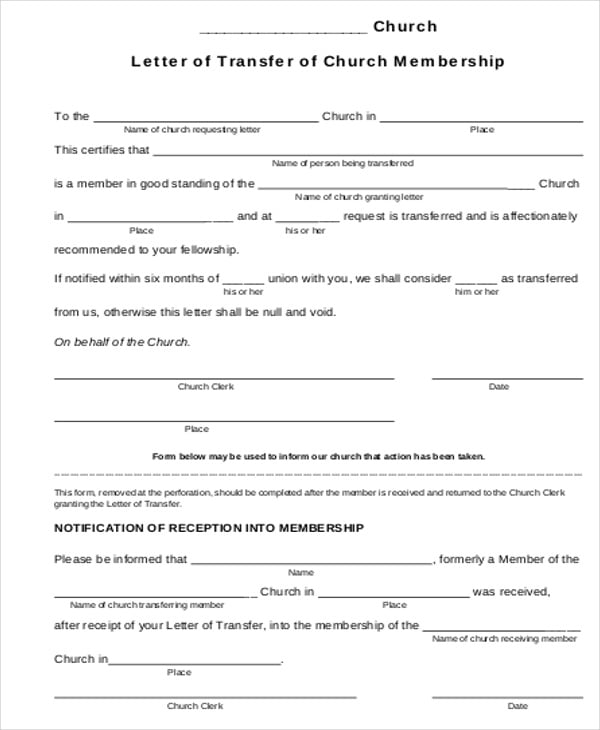free church membership transfer letter template
