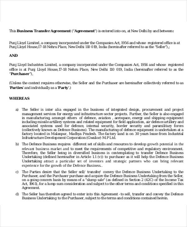 business transfer agreement letter template