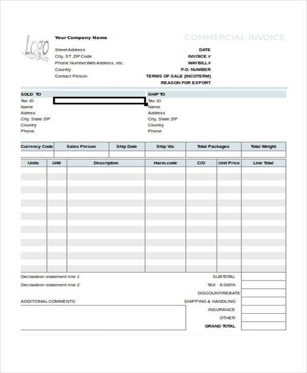 commercial invoice template excel