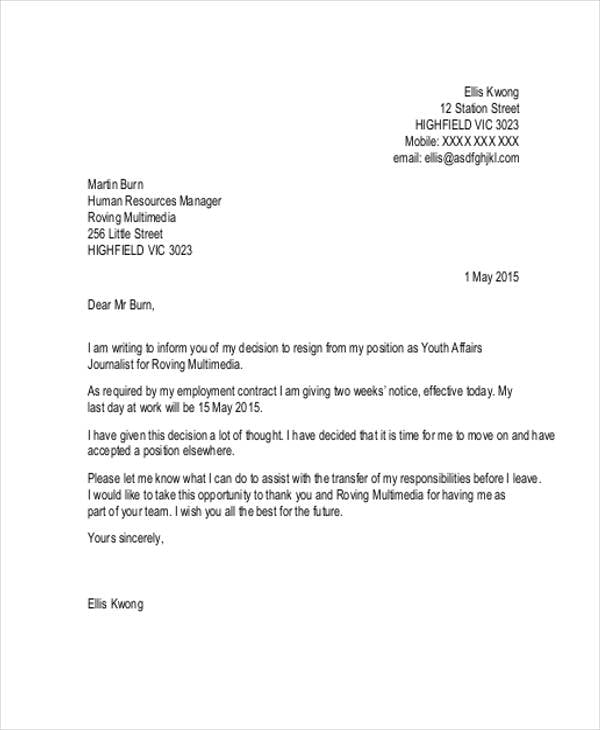 formal resignation letter sample with notice period