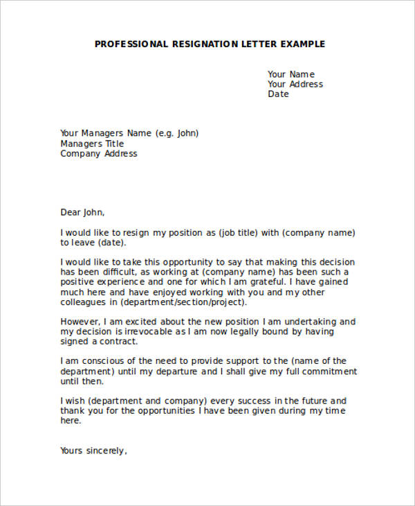 professional resignation letter example
