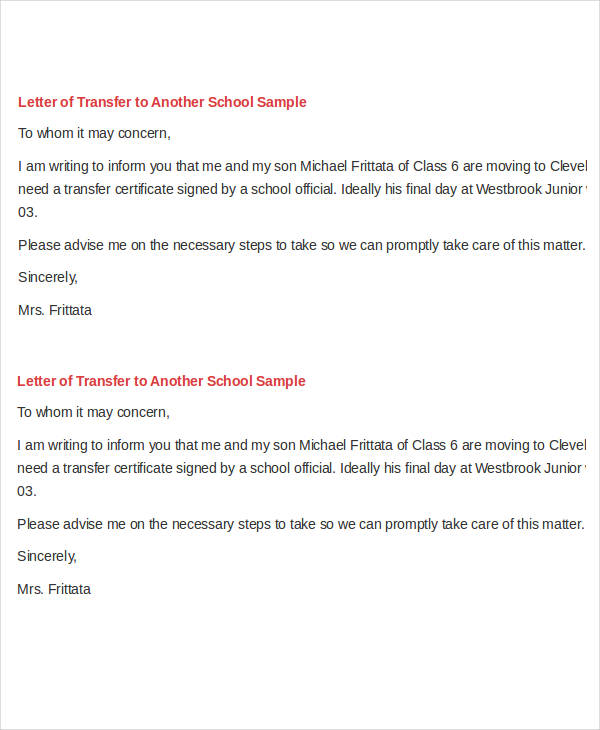 free school transfer letter example
