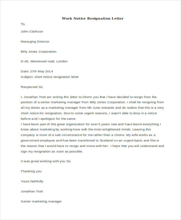 work notice resignation letter example