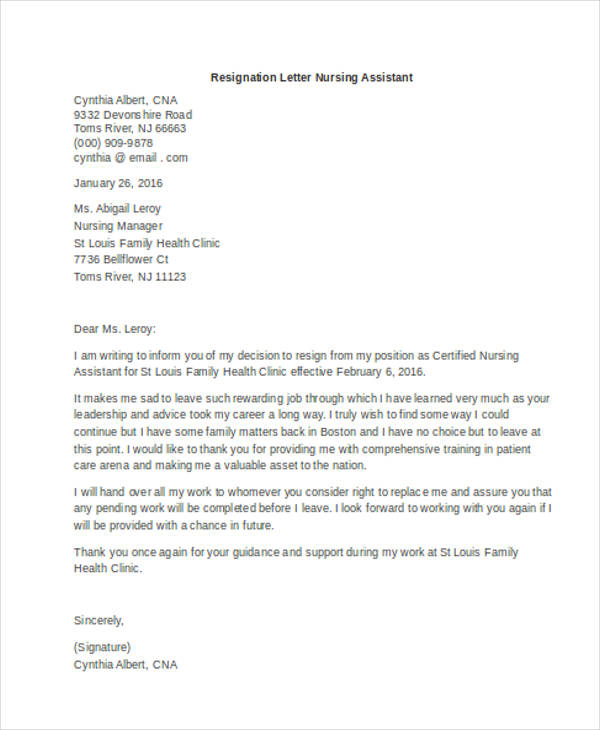 resignation letter nursing assistant