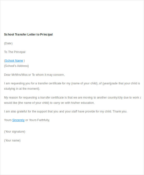 Free 13 School Transfer Letter Templates PDF DOC