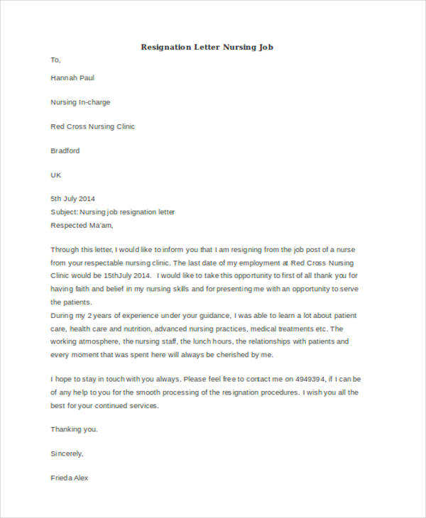 resignation letter nursing job