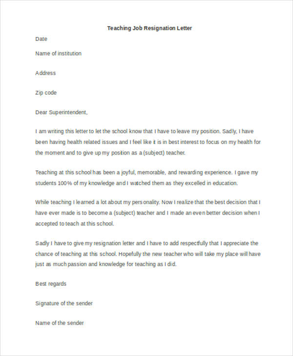 teaching job resignation letter example