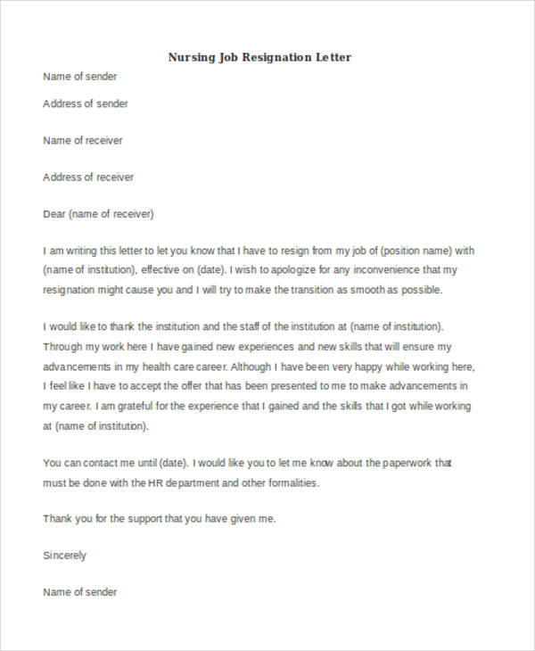 nursing job resignation letter sample