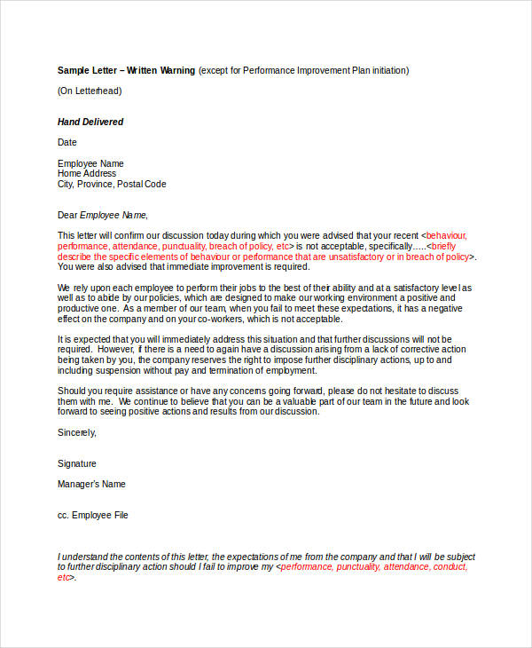 13 Employee Warning Letter Template PDF DOC
