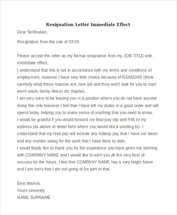 resignation letter immediate effect format