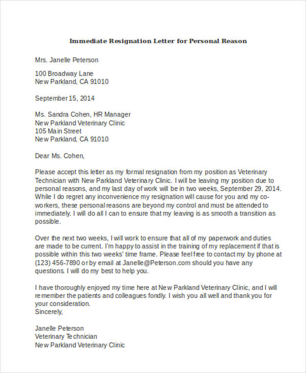 immediate resignation letter for personal reason