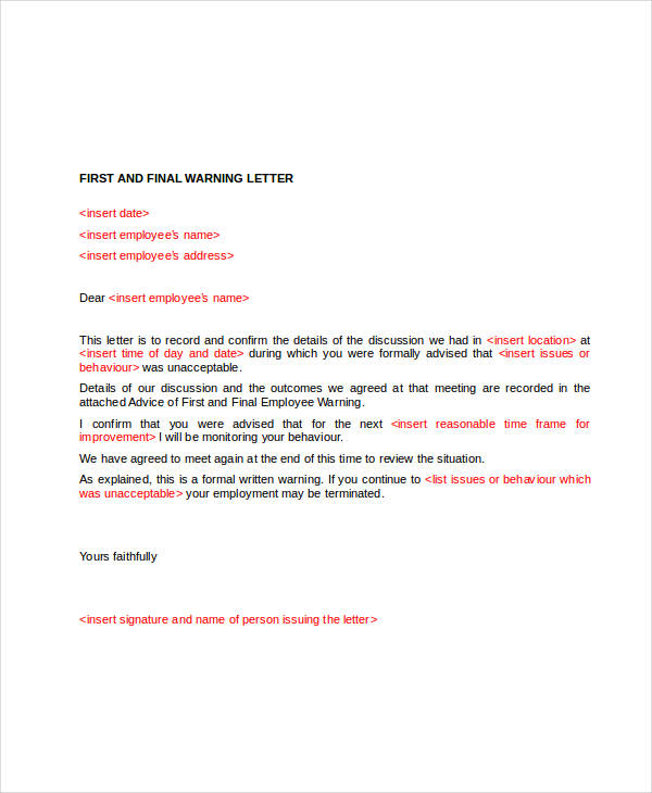 first and final warning letter template