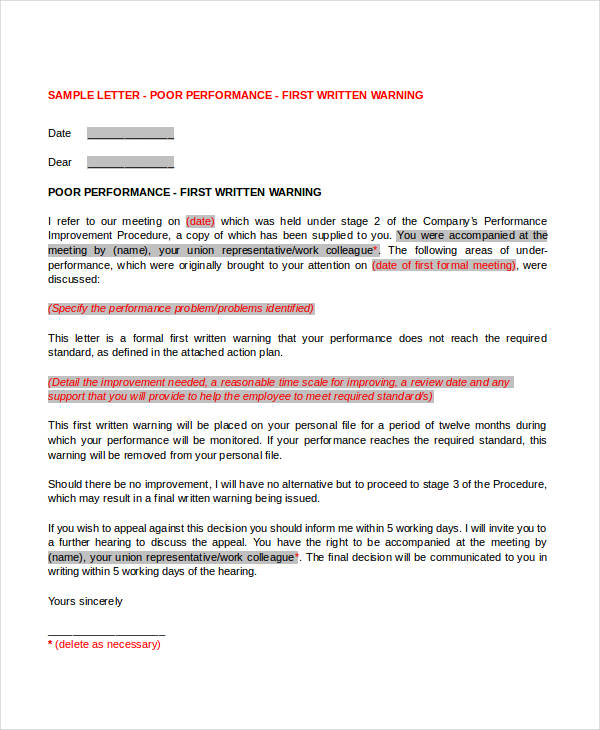 first warning letter for poor performance