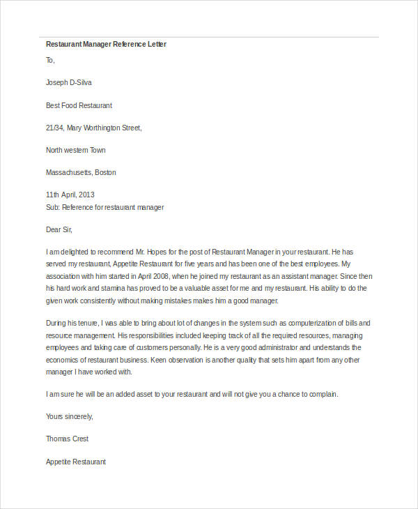 Catering Reference Letter
