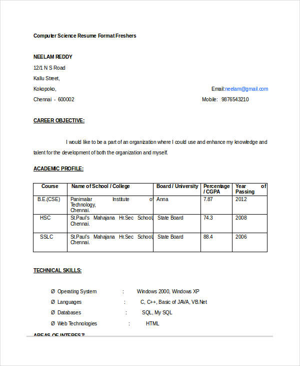 Summary For Resume For Freshers Computer Science