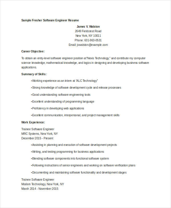 resume template for computer engineer fresher