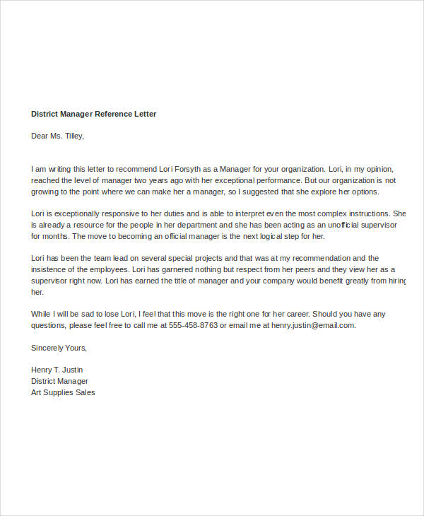 Manager Reference Letter Sample