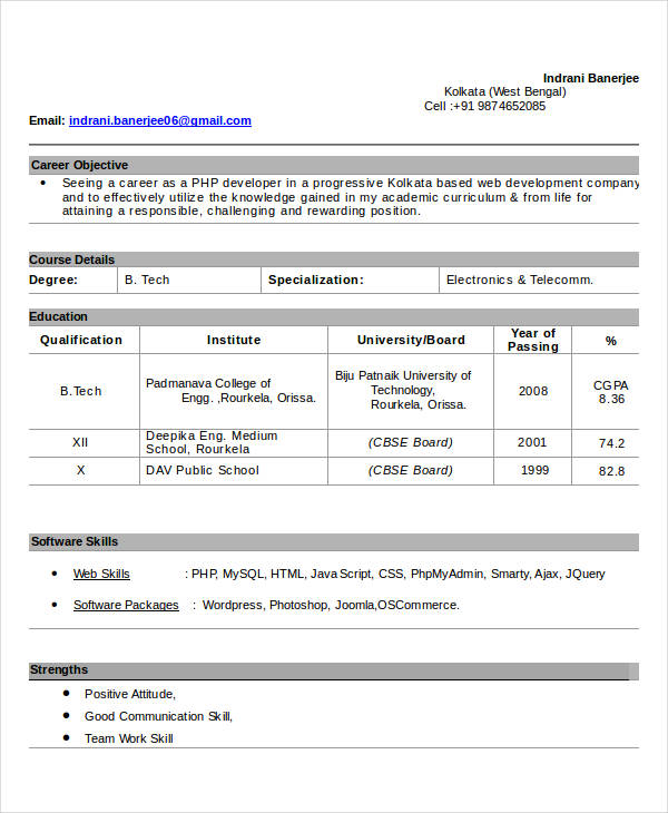 basic fresher resume for students template