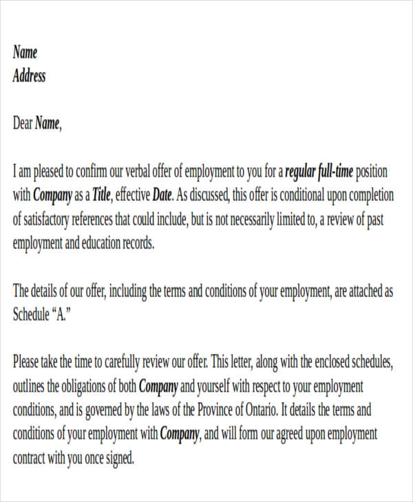 employment contract offer letter template