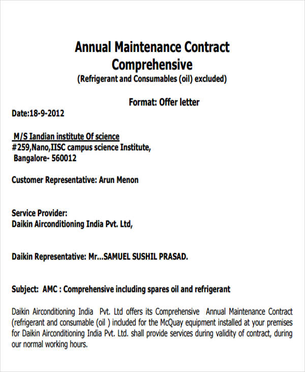 annual maintenance contract offer letter format