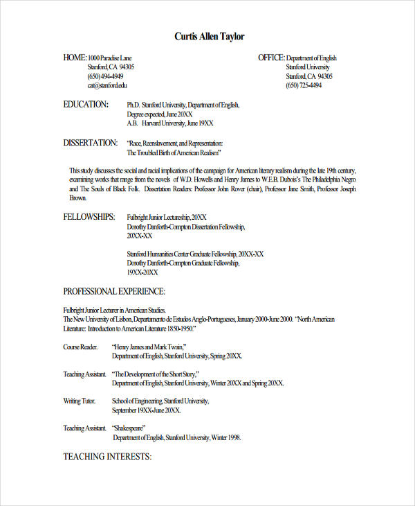 resume template for lecturer job