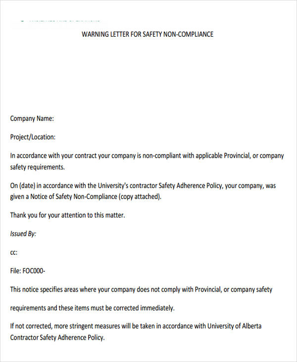 Safety Violation Warning Letter