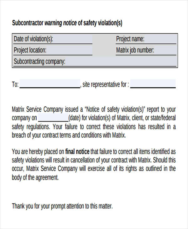 safety warning letter to subcontractor