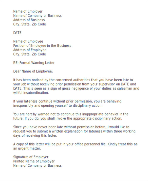 Late To Work Warning Letter