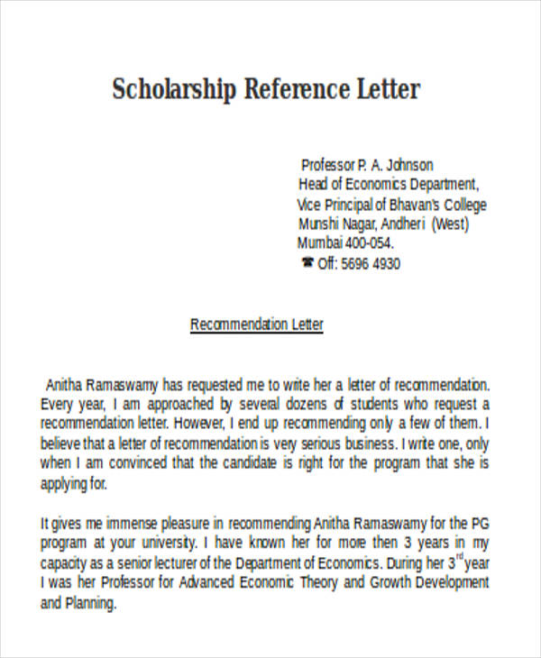 Recommendation Letter For Scholarship From Professor Example