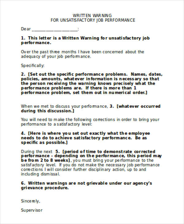 work performance warning letter template