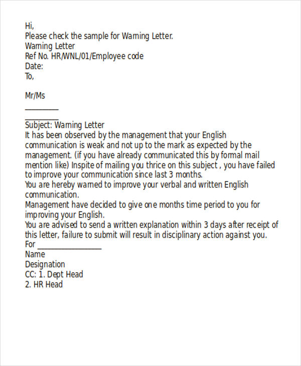 Template Warning Letter Employee Poor Performance Hq Printable Documents