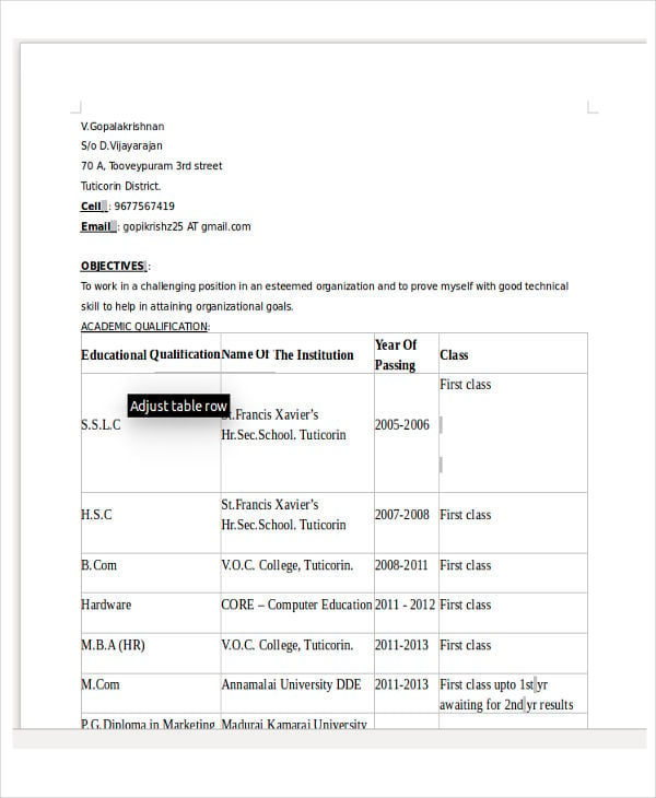 mba fresher lecturer resume template