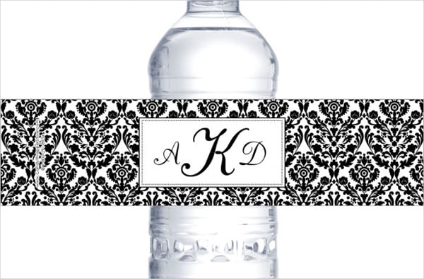 black damask wedding water bottle label