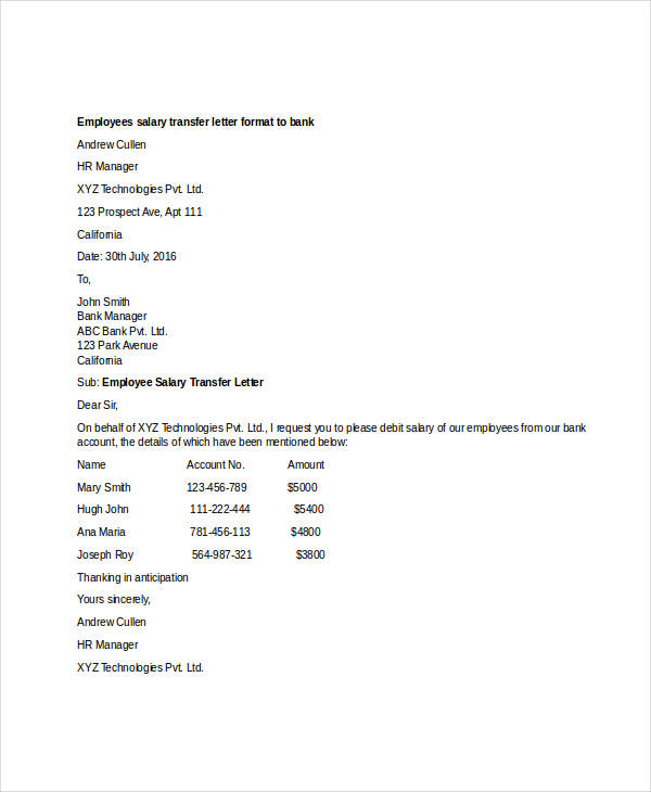 employee salary transfer letter to bank