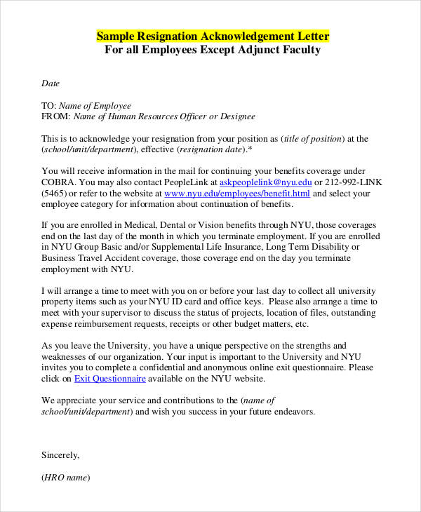 employee resignation acknowledgement letter template
