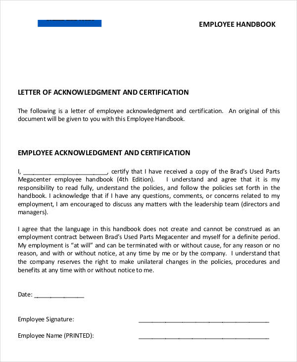 employee handbook acknowledgement letter