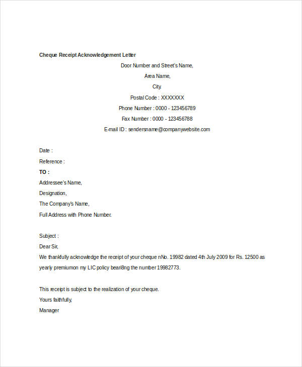 cheque receipt acknowledgement letter template