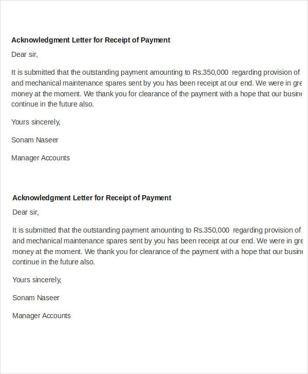 payment receipt acknowledgement letter example