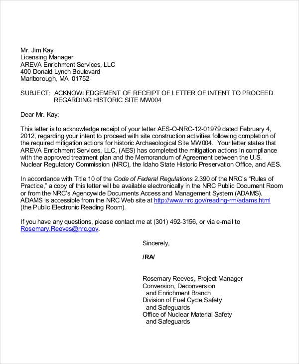 property receipt acknowledgement letter