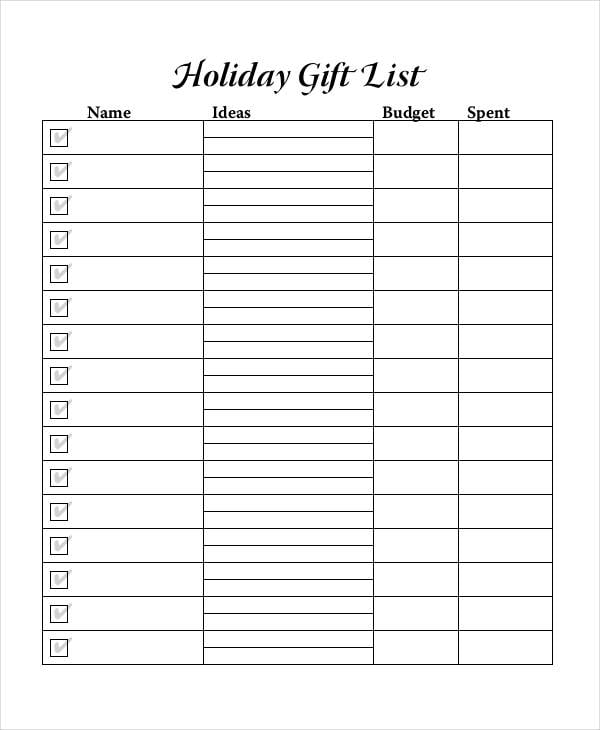 blank holiday gift list template