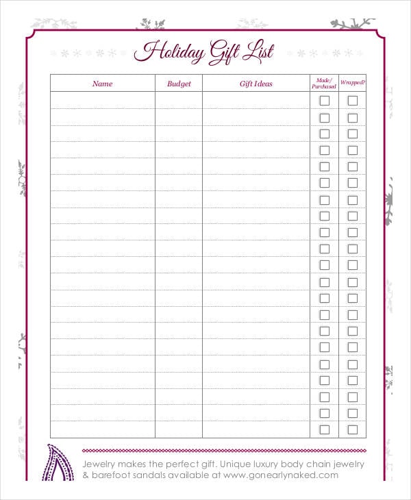 free holiday gift list template
