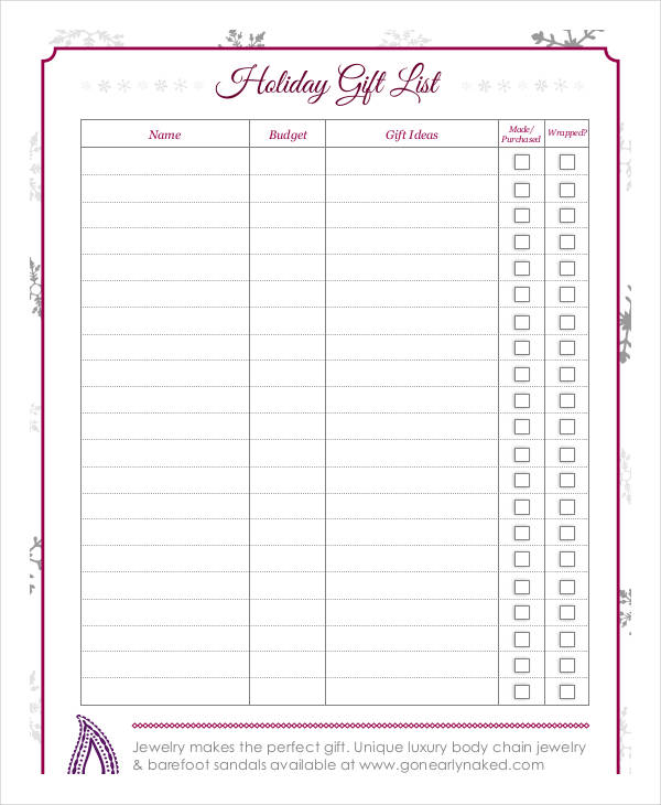 Holiday Gift List Templates 9  Free Word PDF Format Download