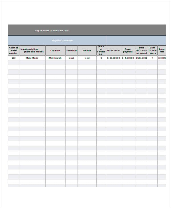 excel equipment inventory list template