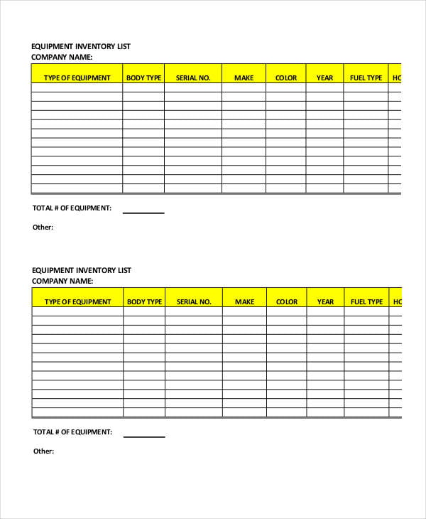 company equipment inventory list template