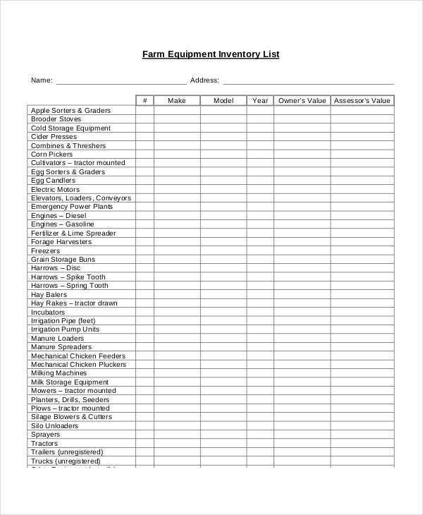 farm equipment inventory list template