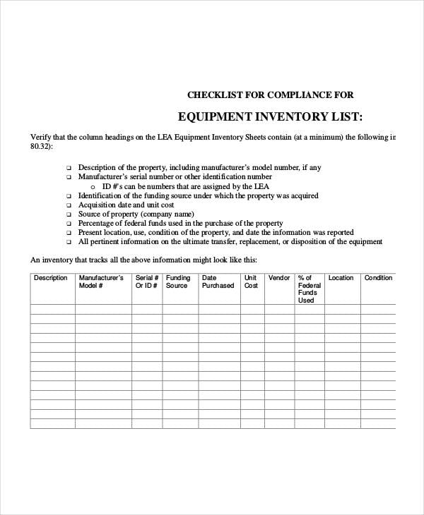 free equipment inventory list template