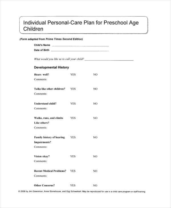 individual personal care plan template