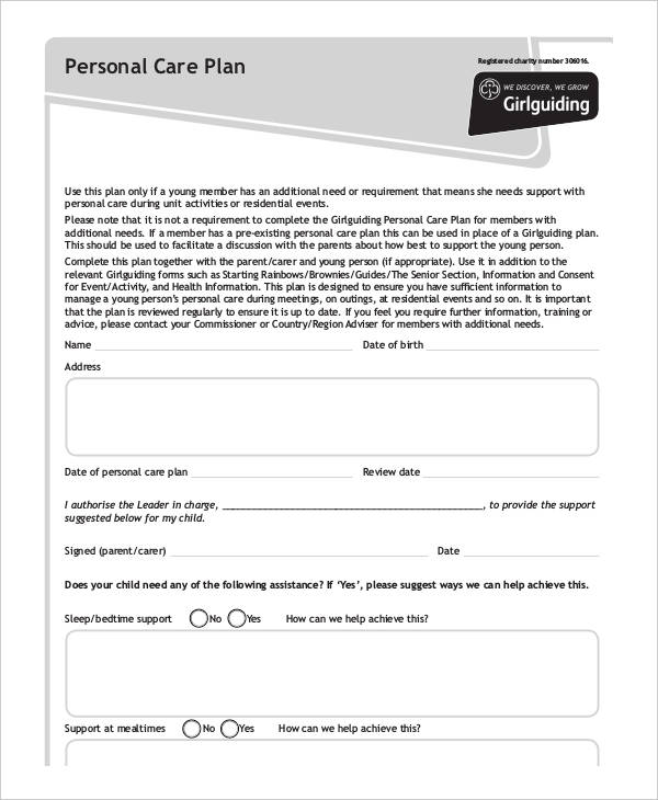 personal care plan template pdf