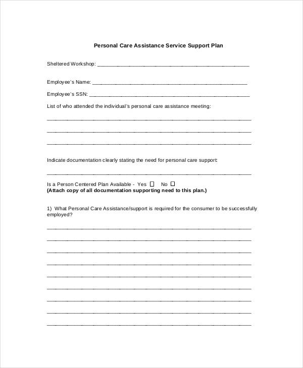 personal care support plan template