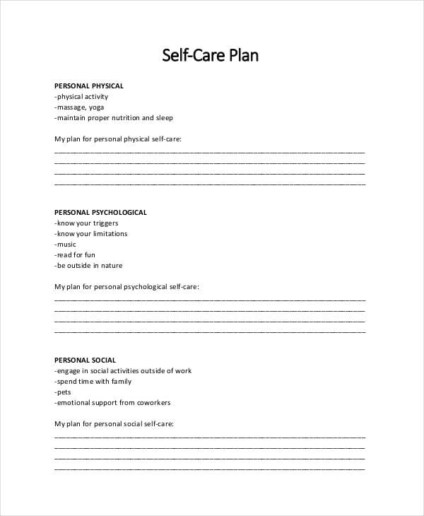 personal self care plan template